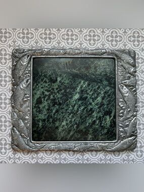 Arthur Court Decorative Green Marble Cutting Cheese Board with Silver Fish Frame